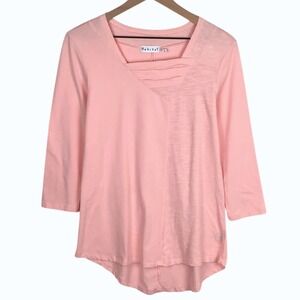 HABITAT Slub Knit Top Sz XS Pink 3/4 Sleeve Asymmetrical Square Neck High-Low